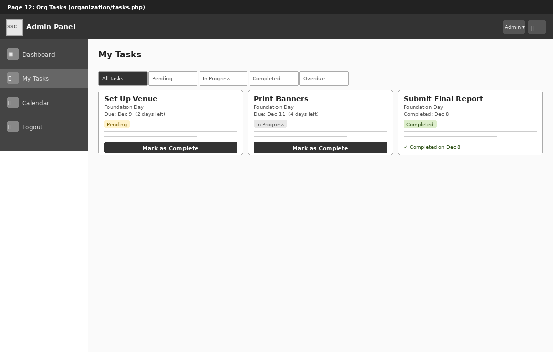 Organization Tasks Wireframe